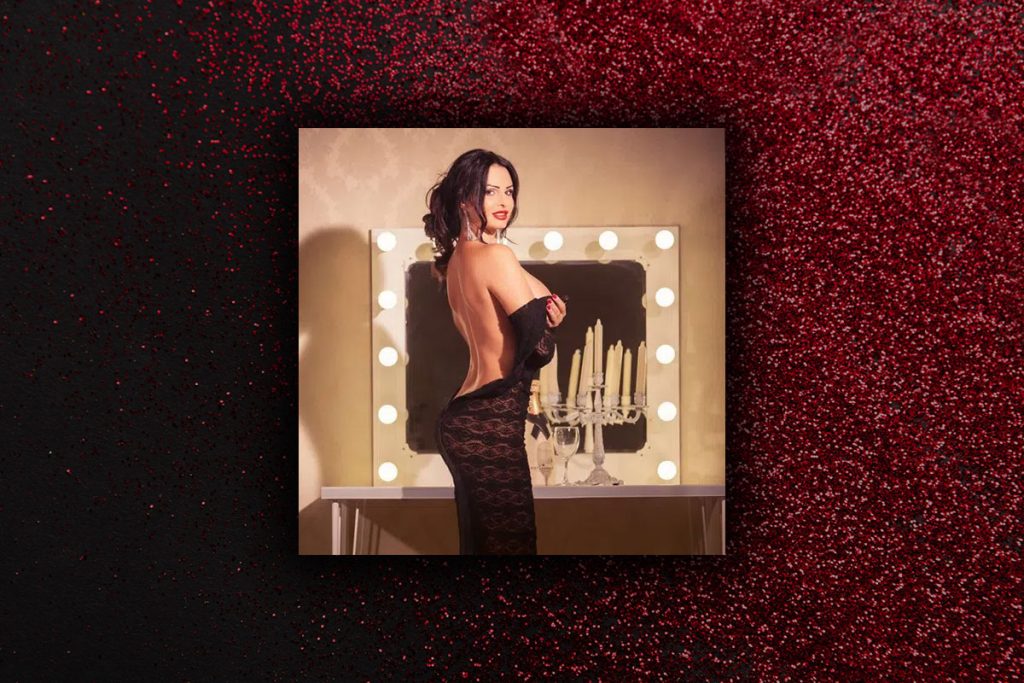 Serna in a black dress, hire private strippers in las vegas