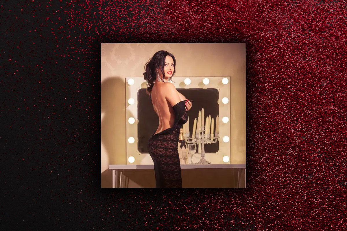 Serna in a black dress, hire private strippers in las vegas